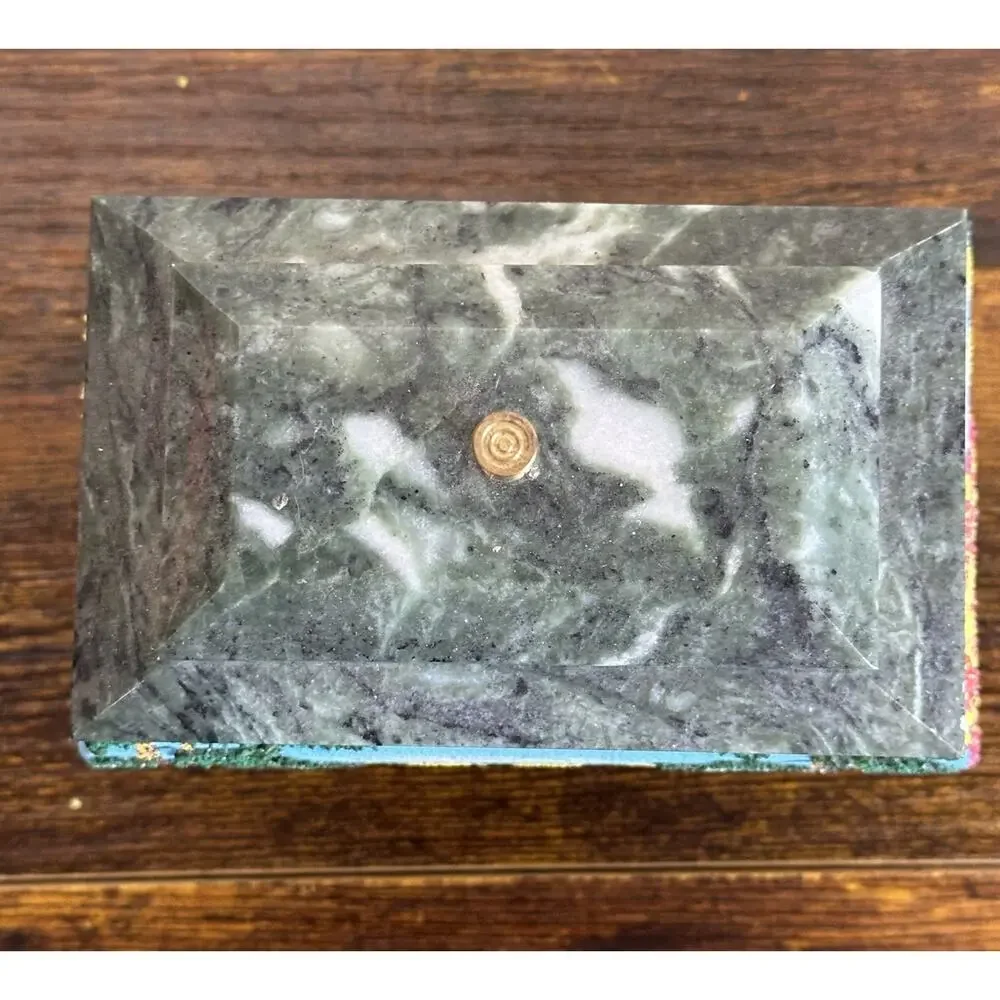 Vintage Russian Hand Painted 3D Coralene Trees Marble Footed Trinket Box Decor
